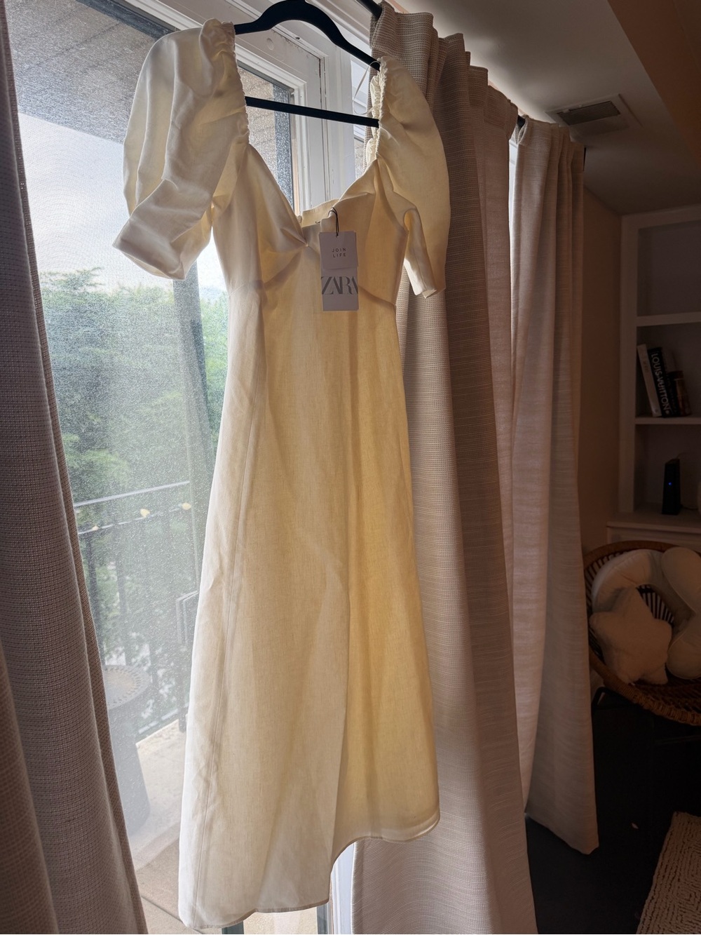 ZARA Cream Puff-Sleeve Midi Dress with Square Neckline